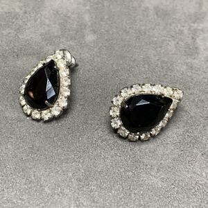Vintage Black Faceted Faux Stone Framed Halo Clear Rhinestone Earrings Prong Set